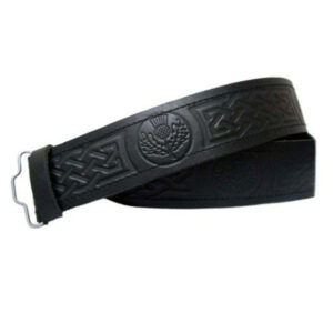 Black Leather Thistle Embossed Kilt Belt - Velcro Adjustable